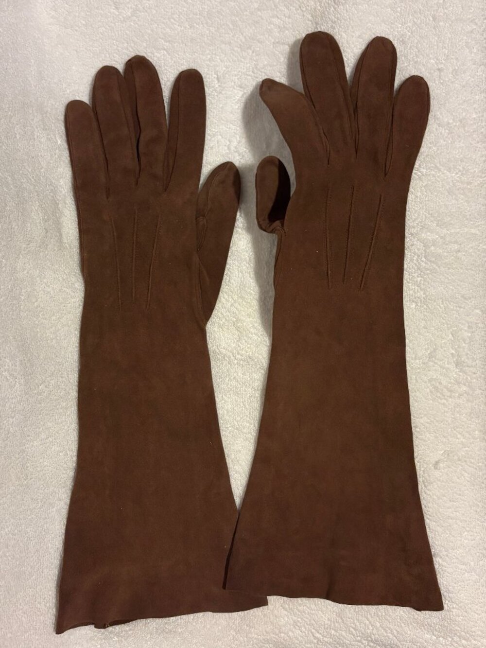 Vintage Chocolate Brown Faux Suede Opera Length Gauntlet Gloves ~15" Unbranded